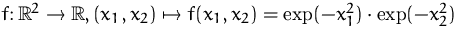 $f\colon {\mathbb R}^2 \to {\mathbb R},
 (x_1,x_2) \mapsto f(x_1,x_2)=\exp(-x_1^2)\cdot\exp(-x_2^2)$