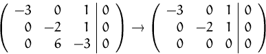 \begin{displaymath}
\left( \begin{array}
{rrr\vert r}
 -3 & 0 & 1 & 0\\  0 & -2 ...
 ...1 & 0\\  0 & -2 & 1 & 0\\  0 & 0 & 0 & 0
 \end{array} \right)
 \end{displaymath}